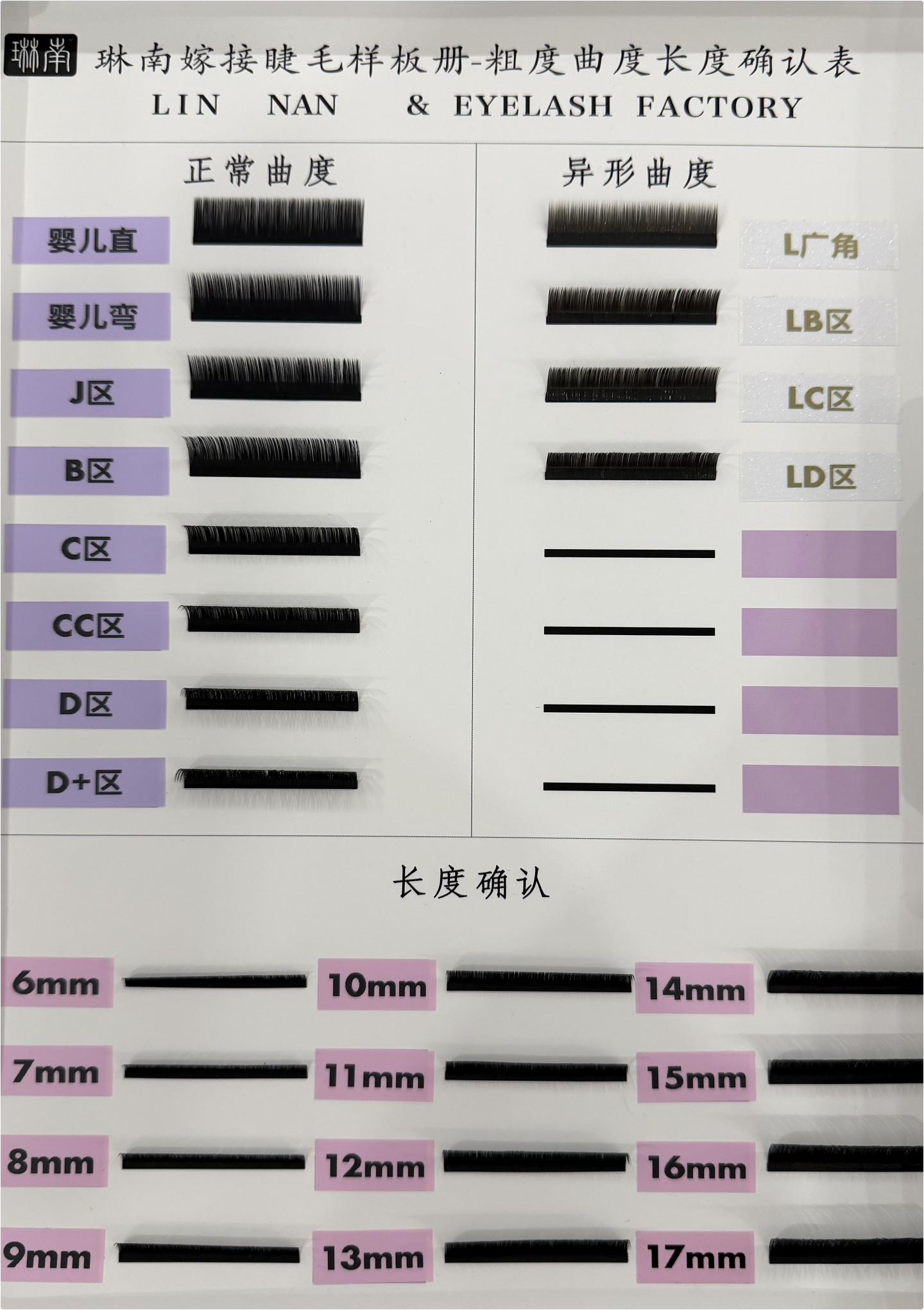 Physical lash sample book page with curl and length references.